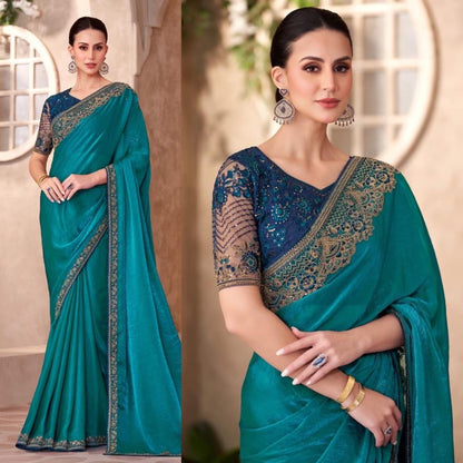 Teal satin shimmeria saree