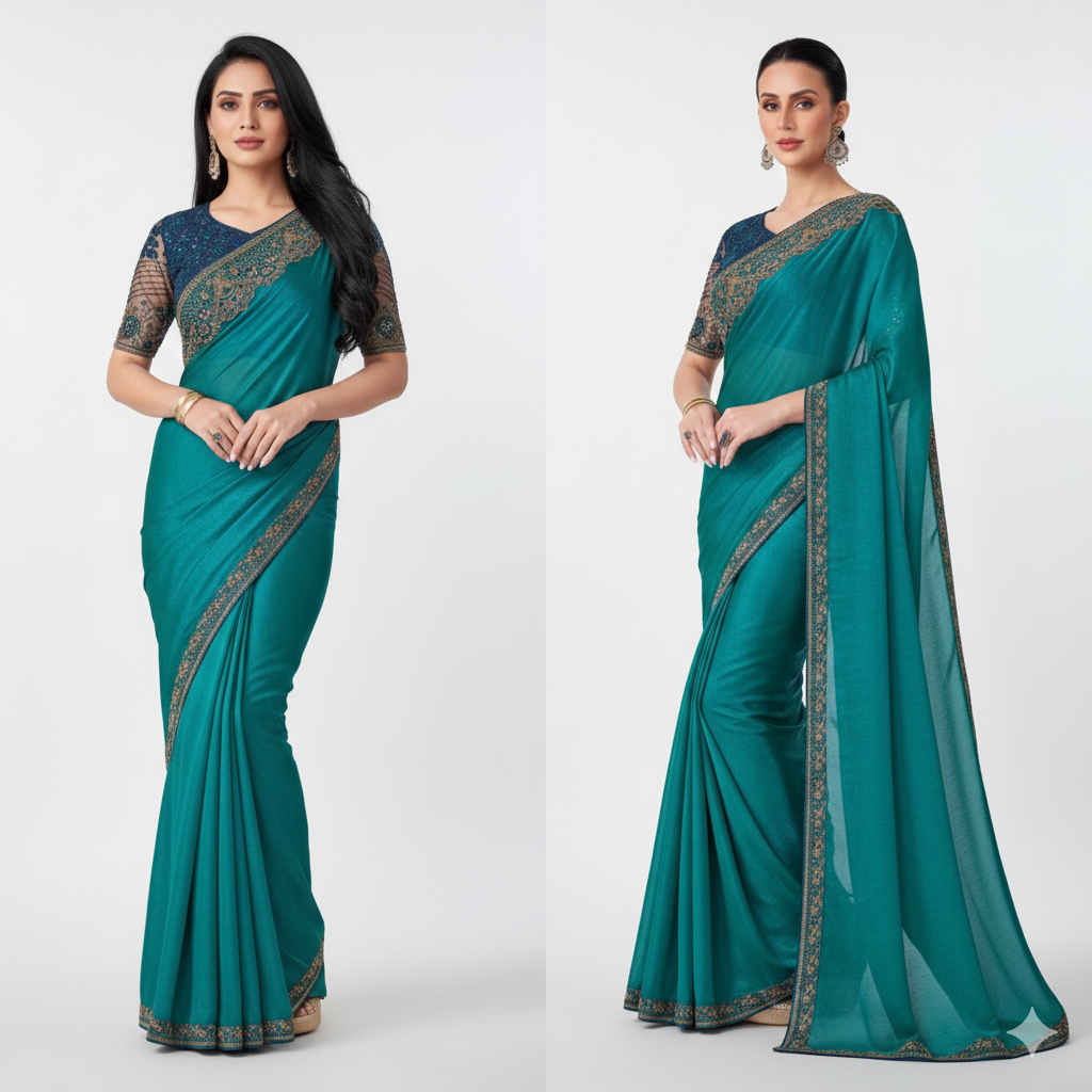 Teal satin shimmeria saree