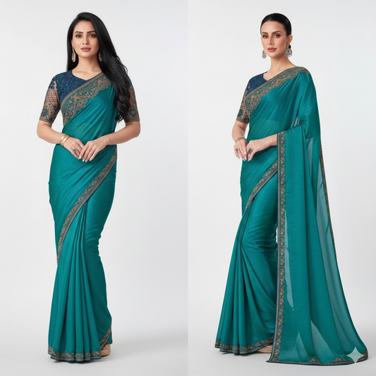 Teal satin shimmeria saree